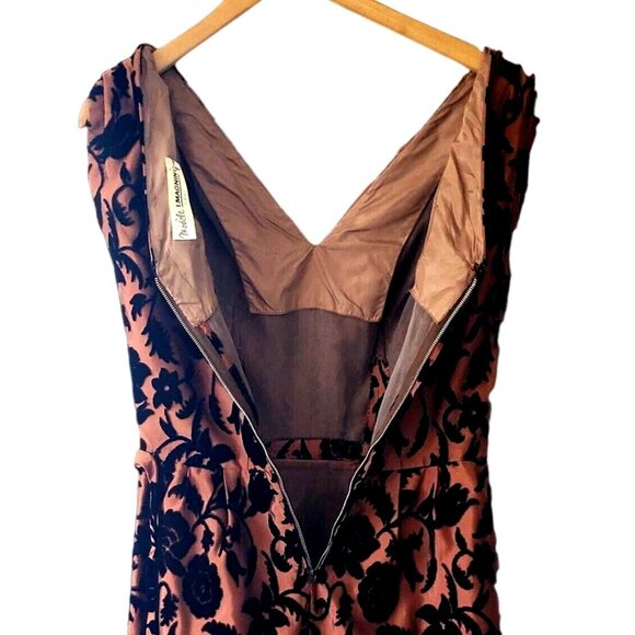 50s Cocktail Dress Cut Velvet Floral Copper Vintage I Magnin Modelique 24" Waist - Picture 5 of 14